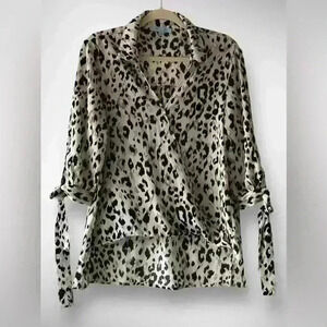 LEOPARD Print WRAP Front BLOUSE With Tie Sleeves High Low Black White Small
